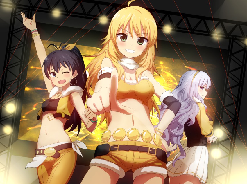 >:d, 3girls, :d, arm_up, bad_id, bad_pixiv_id, black_hair, blonde_hair