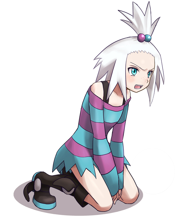 10s, 1girl, aqua_eyes, blush, boots, collarbone, female_focus, freckles, gym_leader, hair_ornament, kneeling, ni-jo, nintendo, open_mouth, pokemon, pokemon_black_2_and_white_2, roxie_(pokemon), shirt, simple_background, solo, striped_clothes, striped_shirt, teeth, white_background, white_hair
