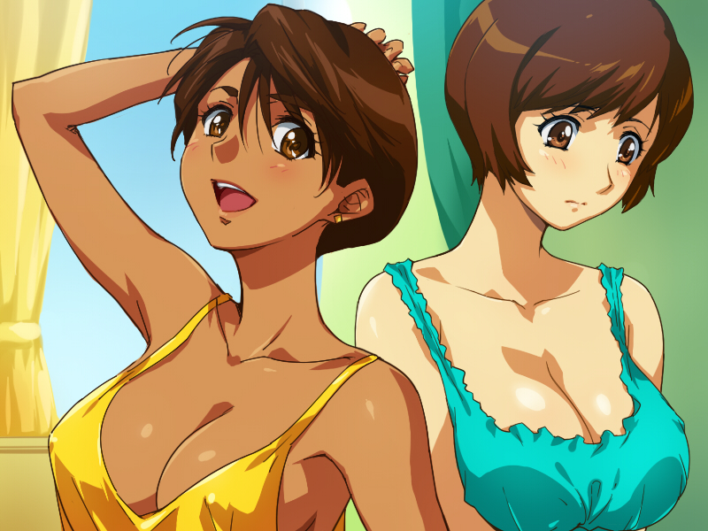 2girls, arms_up, bare_shoulders, blush, breasts, brown_eyes, brown_hair, cleavage