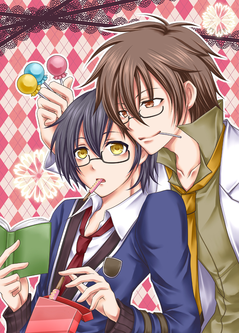 2boys, alvin_(school_uniform)_(tales), alvin_(tales), argyle_background, argyle_clothes, bespectacled, black_hair, book, brown_eyes, brown_hair, candy, food, food_in_mouth, glasses, jude_mathis, jude_mathis_(school_uniform), lab_coat, lollipop, male_focus, mouth_hold, multiple_boys, necktie, official_alternate_costume, pink_background, school_uniform, seine_(blueagate), smile, tales_of_(series), tales_of_xillia, upper_body, yellow_eyes