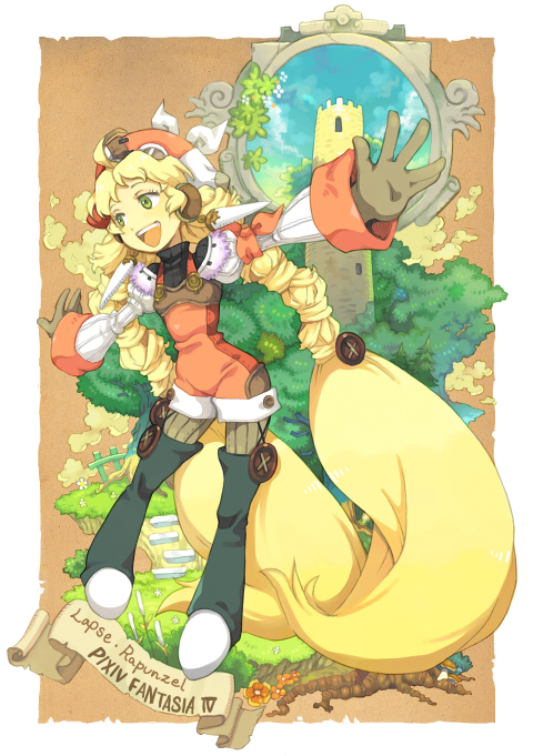 1girl, bad_id, bad_pixiv_id, blonde_hair, buttons, castle, female_focus, green_eyes, hat, lapse_rapunzel, long_hair, outstretched_arms, overalls, pantyhose, pigeon-toed, pixiv_fantasia, pixiv_fantasia_4, smile, solo, tower, twintails, very_long_hair, yumi_(yupopi)