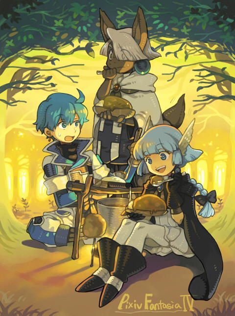 1boy, 2girls, animal_ears, animo, bad_id, bad_pixiv_id, curry, dark_skin, dominica, eating, fantasy, fern_burnette, food, multiple_girls, pixiv_fantasia, pixiv_fantasia_4, sweatdrop, tail, wings, yumi_(yupopi)