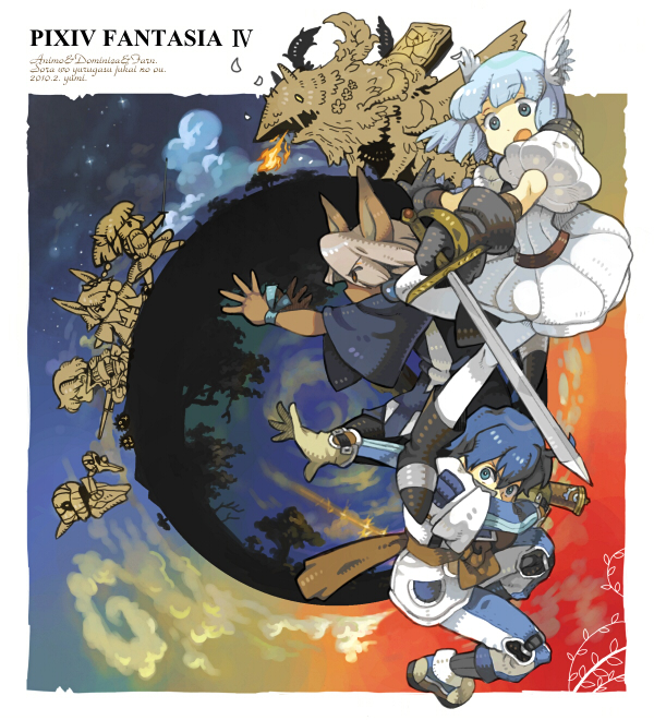 1boy, 2girls, animal_ears, animo, bad_id, bad_pixiv_id, dark_skin, dominica, fern_burnette, multiple_girls, pixiv_fantasia, pixiv_fantasia_4, sword, weapon, wings, yumi_(yupopi)