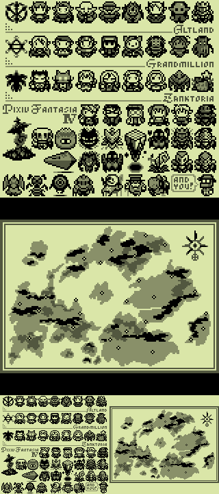 barbara_(pixiv_fantasia), bow-wow, game_boy, game_boy_(original), gizan, green_theme, handheld_game_console, happiness_(pixiv_fantasia), hieronymous, lorette, map, mirowaju, monochrome, multiple_boys, multiple_girls, pixel_art, pixiv_fantasia, pixiv_fantasia_4, silmaria