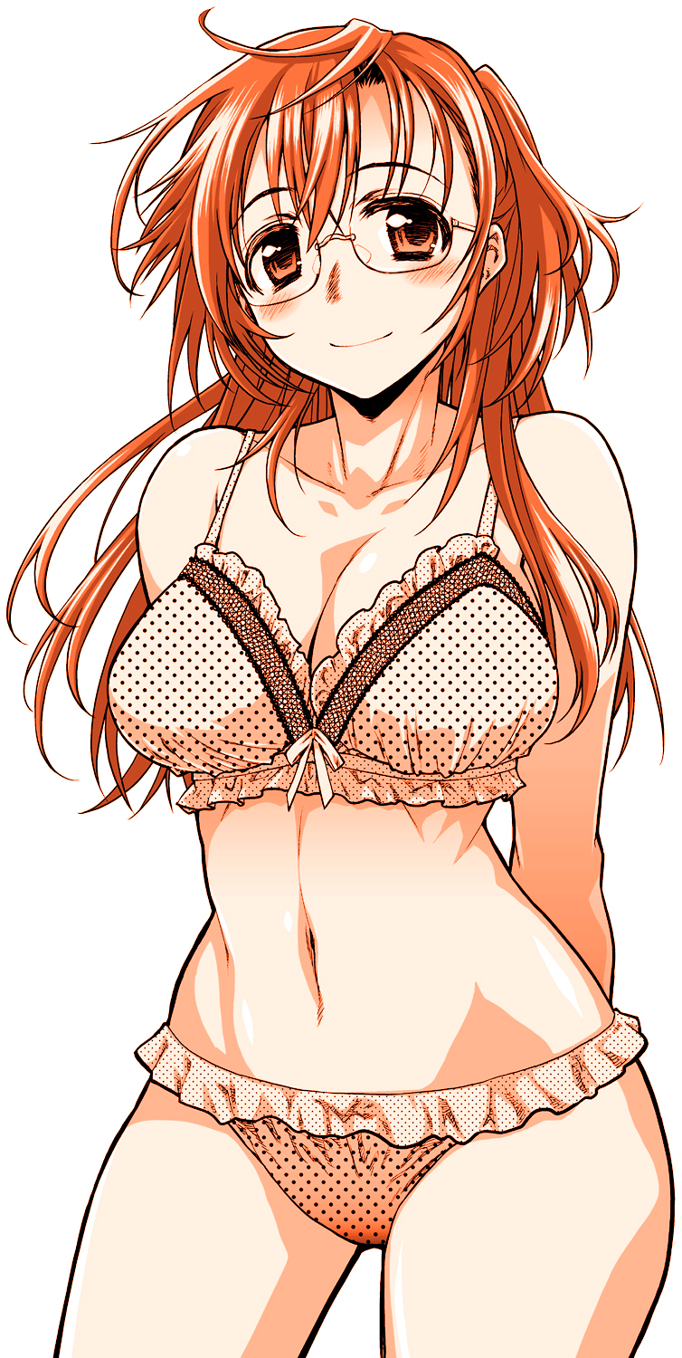 10s, 1girl, ano_natsu_de_matteru, arms_behind_back, blush, bra, breasts, cleavage, female_focus, frilled_bra, frilled_panties, frills, glasses, highres, large_breasts, lingerie, long_hair, monochrome, panties, polka_dot, polka_dot_bra, polka_dot_panties, solo, takatsuki_ichika, underwear, underwear_only, yamaguchi_homupe