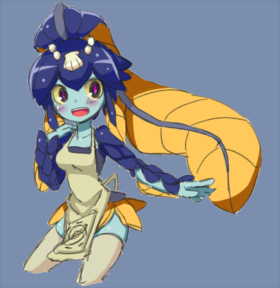 1girl, apron, blue_hair, blue_skin, blush, breasts, colored_sclera, colored_skin, female_focus, fins, fish_girl, hair_ornament, head_fins, headdress, minette_(skullgirls), monster_girl, nikukabe, open_mouth, pink_eyes, seashell, shell, skullgirls, smile, solo, thighhighs, white_thighhighs, yellow_sclera