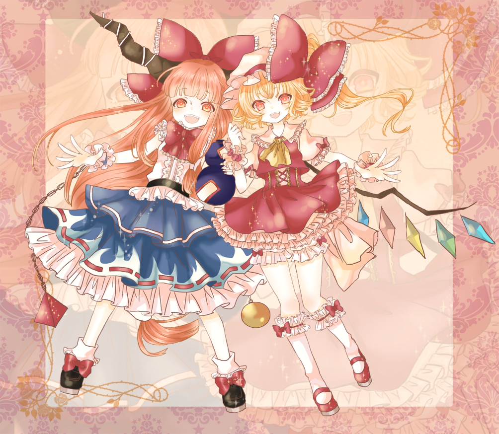 2girls, ascot, blonde_hair, blush, chain, fang, female_focus, flandre_scarlet, gourd, hat, hat_ribbon, horns, ibuki_suika, long_hair, multiple_girls, open_mouth, piko_(domokonchi), pikoamino, red_eyes, ribbon, short_hair, side_ponytail, skirt, smile, touhou, white_legwear, wings, wrist_cuffs