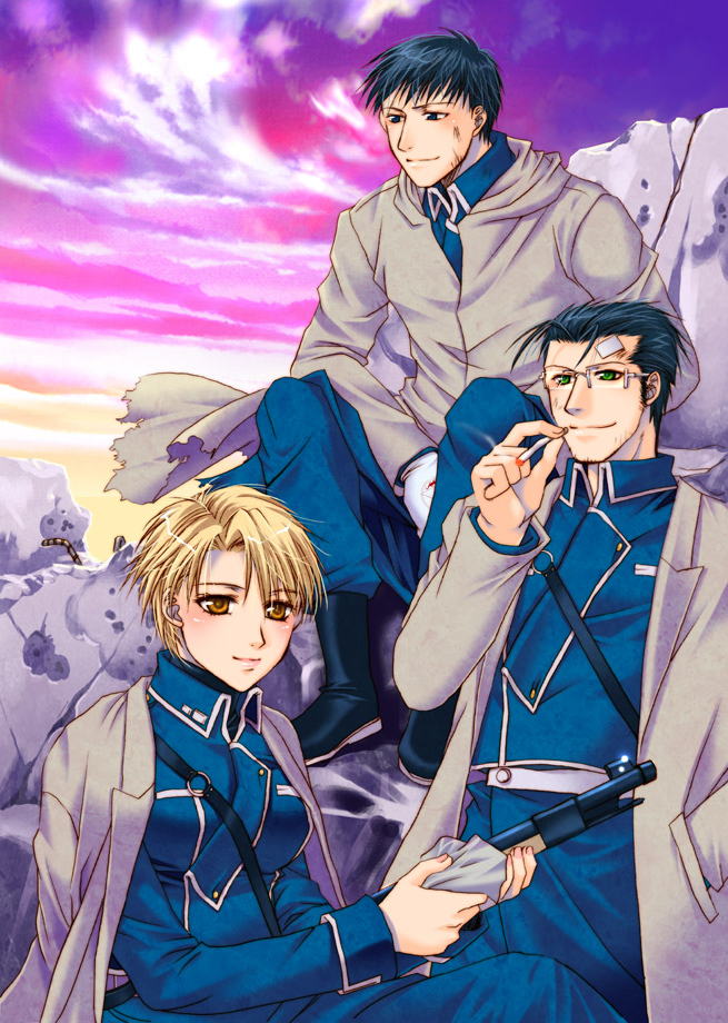 1girl, 2boys, asano_akira, black_hair, cigarette, coat, dirty, dirty_face, fairypink, fullmetal_alchemist, green_eyes, gun, jacket, jacket_on_shoulders, maes_hughes, military, military_uniform, multiple_boys, riza_hawkeye, roy_mustang, rubble, short_hair, sky, smile, weapon