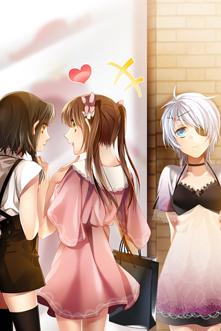 3girls, aqua_eyes, black_hair, brown_hair, dress, eyepatch, heart, iri_flina