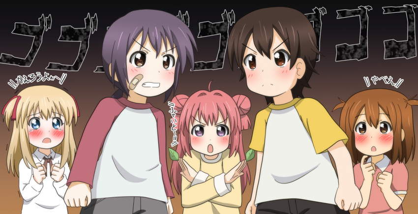 >:o, 5girls, :o, akaza_akari, bandages, black_hair, blonde_hair, blue_eyes