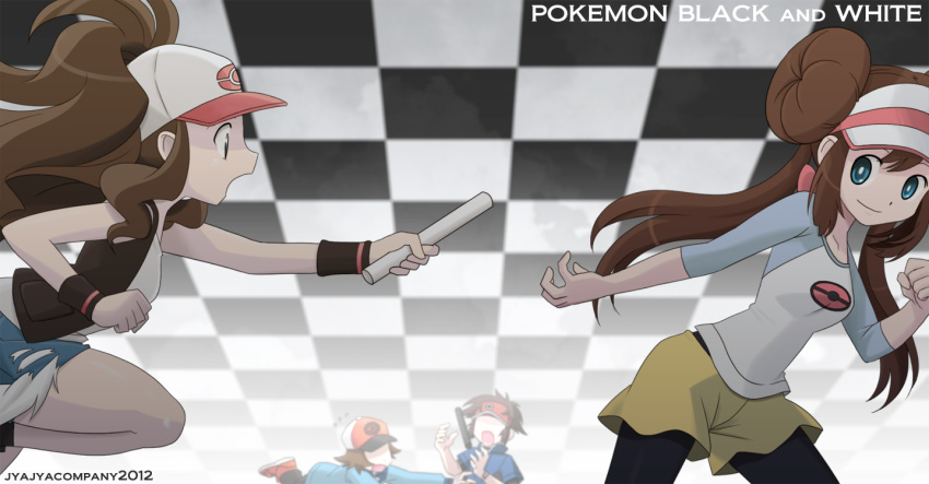 10s, 2boys, 2girls, baton, baton_pass, blue_eyes, brown_hair, double_bun, hair_bun, hat, hilbert_(pokemon), hilda_(pokemon), jyajya, multiple_boys, multiple_girls, nate_(pokemon), nintendo, pokemon, pokemon_black_and_white, pokemon_black_2_and_white_2, rosa_(pokemon), running, shorts, smile, visor_cap