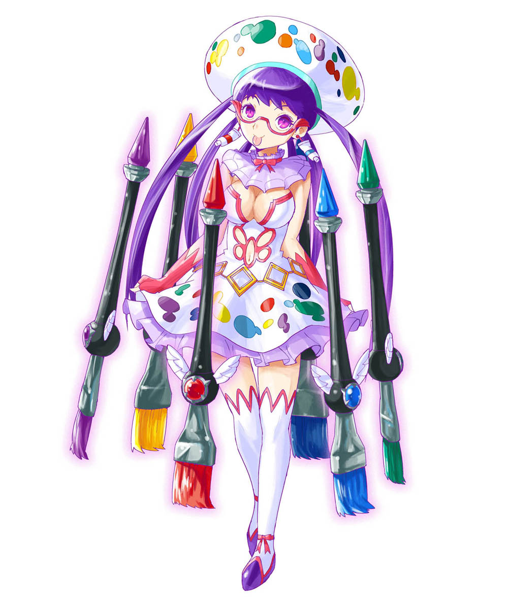 breasts, cleavage, gdgd, glasses, harlem_heart, hat, highres, original, paint, paintbrush, purple_eyes, purple_hair, simple_background, skirt, tongue, white_background