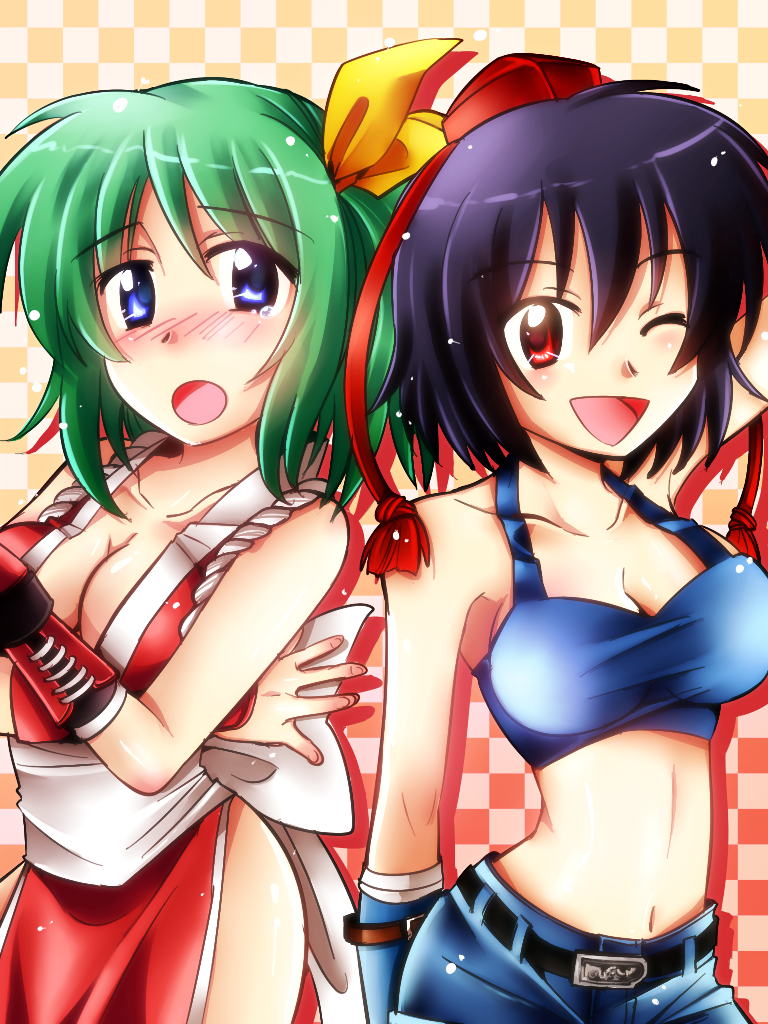 2girls, alternate_costume, arm_up, bad_id, bad_pixiv_id, belt, bikini, black_hair