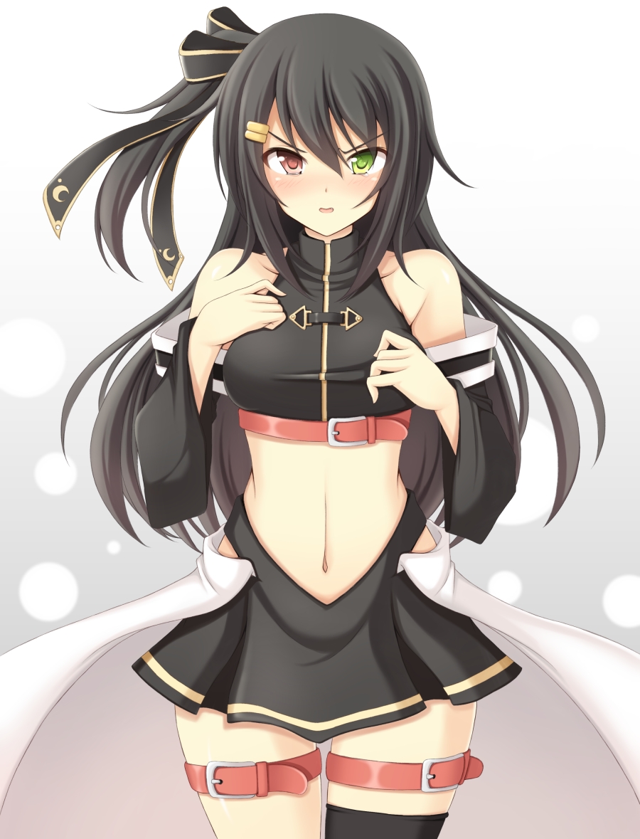 1girl, asymmetrical_legwear, bare_shoulders, belt, black_hair, black_skirt, black_thighhighs, blush