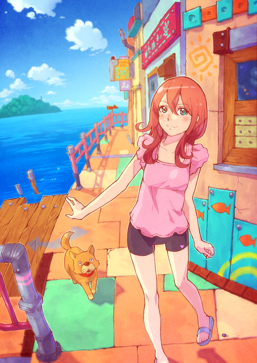 1girl, aqua_eyes, bike_shorts, blush, cloud, colorful, day, dog