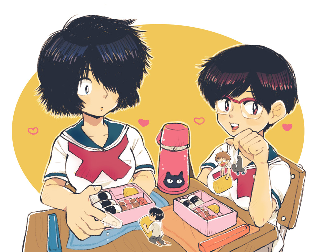 2boys, 2girls, black_hair, glasses, hair_over_one_eye, ken_(shiyu), multiple_boys, multiple_girls, nazo_no_kanojo_x, oka_ayuko, saliva, school_uniform, short_hair, tsubaki_akira, ueno_kouhei, urabe_mikoto