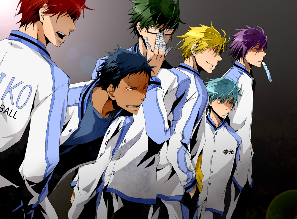 6+boys, akashi_seijuurou, aomine_daiki, bandages, blonde_hair, blue_eyes, blue_hair, clothes_writing, dark-skinned_male, dark_skin, eating, food, glasses, gradient_background, green_eyes, green_hair, kise_ryouta, kou_(sen328), kuroko_no_basuke, kuroko_tetsuya, male_focus, midorima_shintarou, multiple_boys, murasakibara_atsushi, open_mouth, purple_eyes, purple_hair, red_eyes, red_hair, shirt, short_hair, sportswear, t-shirt, yellow_eyes