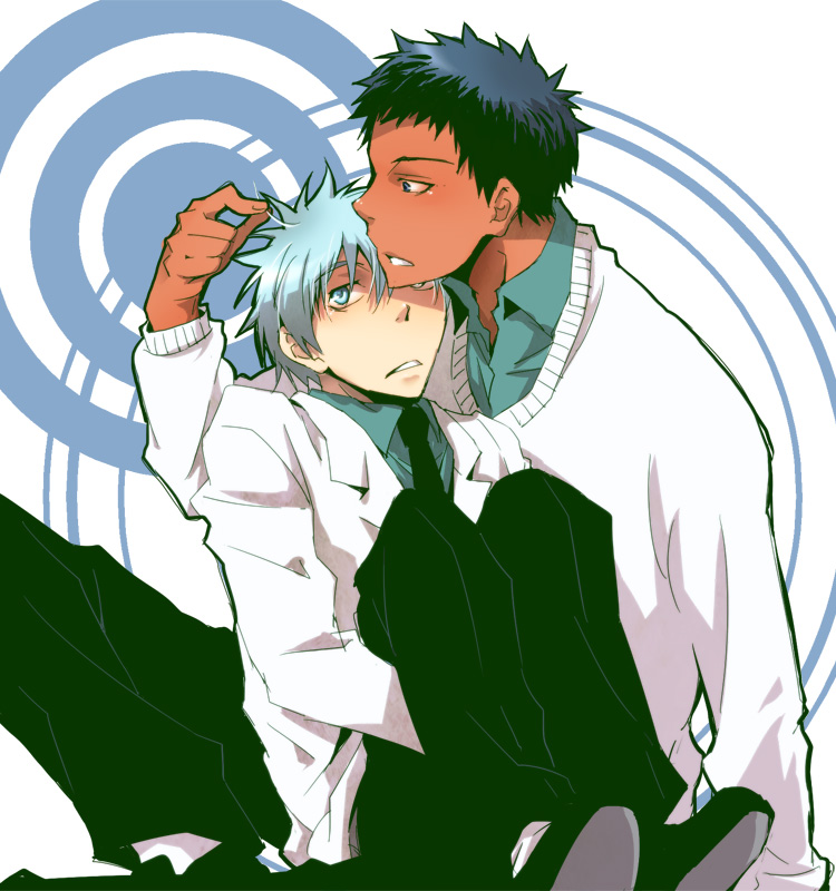 2boys, aomine_daiki, blue_eyes, blue_hair, dark_skin, dark-skinned_male, kou_(sen328), kuroko_no_basuke