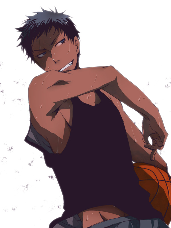 1boy, aomine_daiki, ball, basketball, basketball_(object), blue_eyes, blue_hair, dark-skinned_male