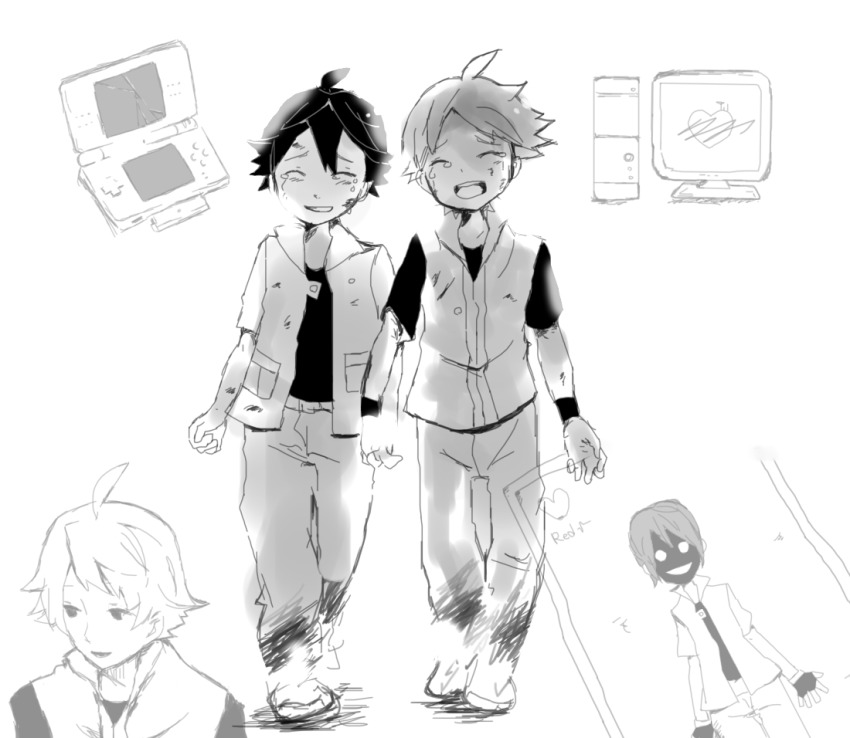 00s, 1990s_(style), 2boys, aitaki, alternate_costume, bad_id, bad_pixiv_id, black_hair, broken, character_name, computer, creepy, crying, dual_persona, greyscale, handheld_game_console, horror_(theme), monochrome, multiple_boys, nintendo, nintendo_ds, pokemon, pokemon_firered_and_leafgreen, pokemon_red/green/blue/yellow, red_(pokemon), red_(pokemon_frlg), retro_artstyle, tears