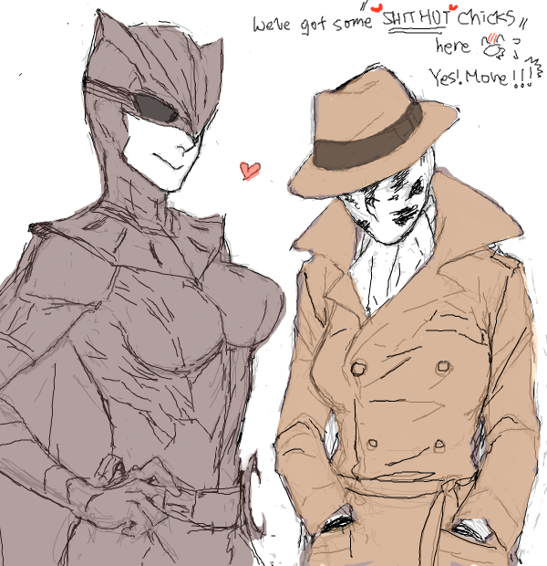 2girls, ascot, bodysuit, breasts, coat, dc_comics, fedora, genderswap, genderswap_(mtf), hat, heart, mask, multiple_girls, nite_owl, oekaki, rorschach, trench_coat, watchmen, zer03908