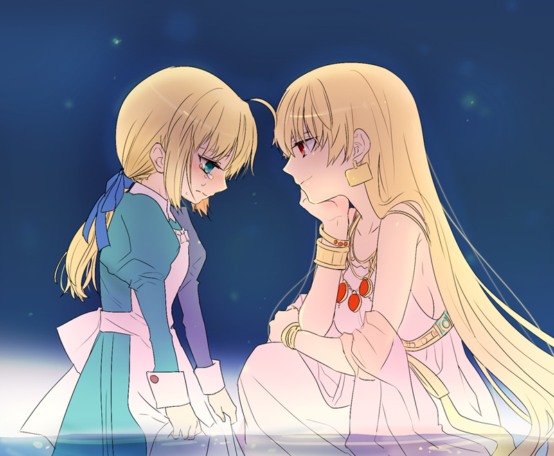 2girls, aged_down, ahoge, alternate_costume, arnoul, artoria_pendragon_(fate), bad_id, bad_pixiv_id