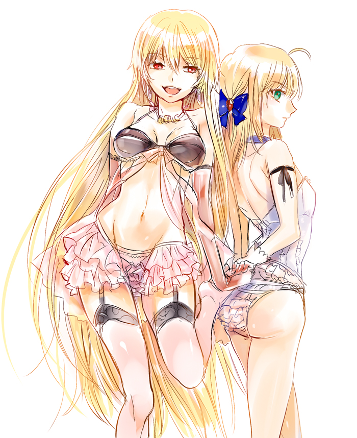 2girls, ahoge, alternate_costume, arnoul, artoria_pendragon_(fate), bad_id, bad_pixiv_id, bikini, blonde_hair, blue_eyes, bow, bra, bracelet, earrings, elbow_gloves, fate/stay_night, fate/zero, fate_(series), frilled_bikini, frills, garter_belt, gender_request, genderswap, gilgamesh-ko, gilgamesh_(fate), gloves, green_eyes, hair_bow, hair_down, hair_ribbon, jewelry, lingerie, long_hair, multiple_girls, one-piece_swimsuit, open_mouth, panties, red_eyes, ribbon, saber_(fate), simple_background, smile, swimsuit, thighhighs, underwear, very_long_hair, white_background