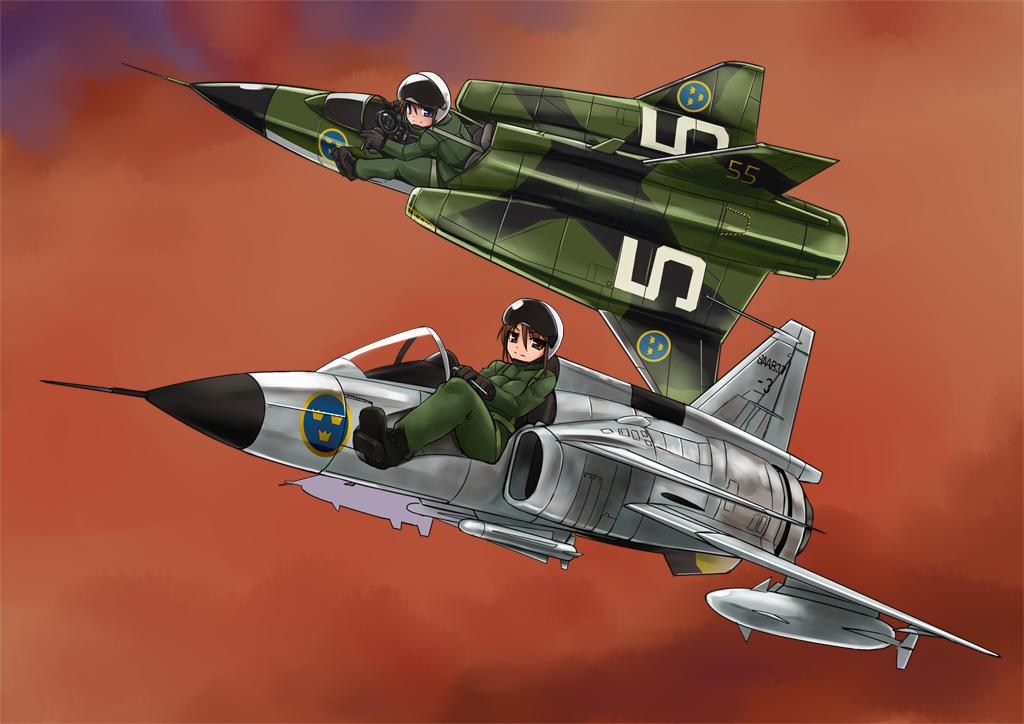 2girls, aircraft, airplane, fighter_jet, flight_suit, flying, g-suit, helmet