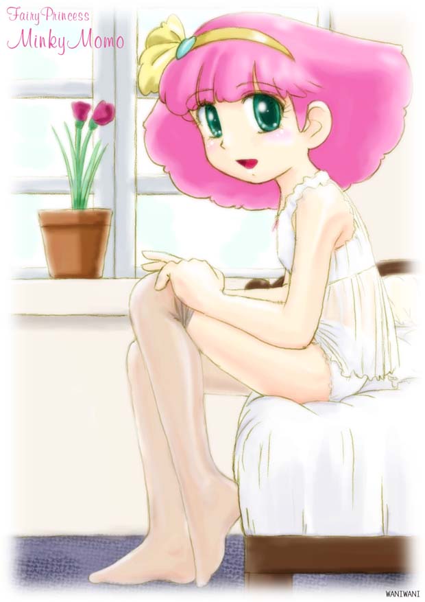 blush, flower, green_eyes, loli, magical_girl, mahou_no_princess_minky_momo, minky_momo, panties