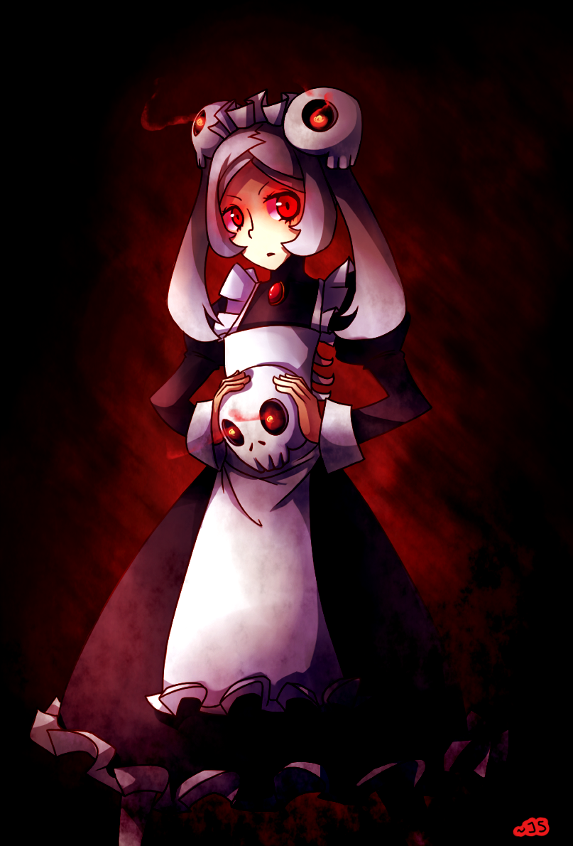 1girl, apron, bloody_marie_(skullgirls), daigada, diagada, female_focus, hair_ornament, maid, maid_apron, maid_headdress, red_eyes, skirt, skull, skull_hair_ornament, skullgirls, solo