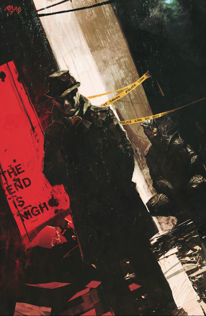 2boys, alley, armor, ascot, broken_glass, caution_tape, coat, dark, dated, dc_comics, dutch_angle, english_text, fedora, glass, goggles, hand_in_pocket, hat, high_collar, holding, lapel_pin, mask, multiple_boys, nite_owl, rain, reynan_sanchez, rorschach, signature, squatting, standing, superhero_costume, trench_coat, watchmen