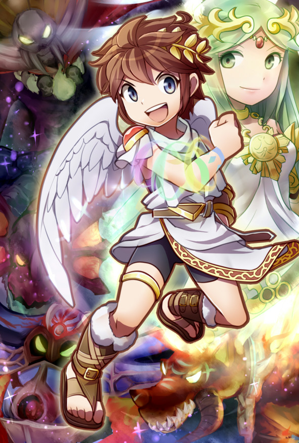 1boy, 1girl, :d, angel, azumi_(tks-sd), blue_eyes, brown_hair, choker, gaol, glowing, glowing_eyes, great_reaper, green_eyes, green_hair, hair_ornament, hewdraw, jewelry, kid_icarus, kid_icarus_uprising, lips, long_hair, lots_of_jewelry, necklace, nintendo, open_mouth, palutena, pit_(kid_icarus), short_hair, smile, teeth, twinbellows, violet_palm_(kid_icarus), wings