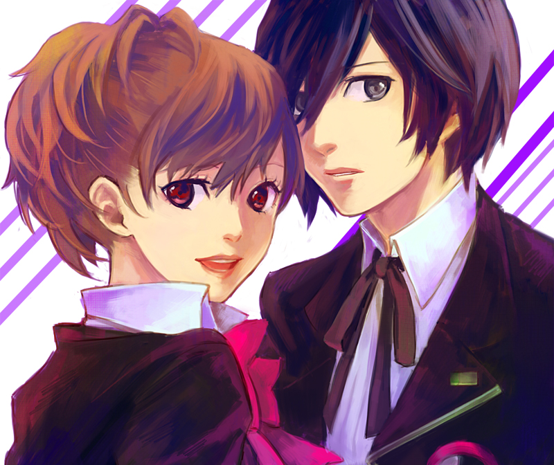 1boy, 1girl, atlus, blue_eyes, blue_hair, bow, brown_hair, couple