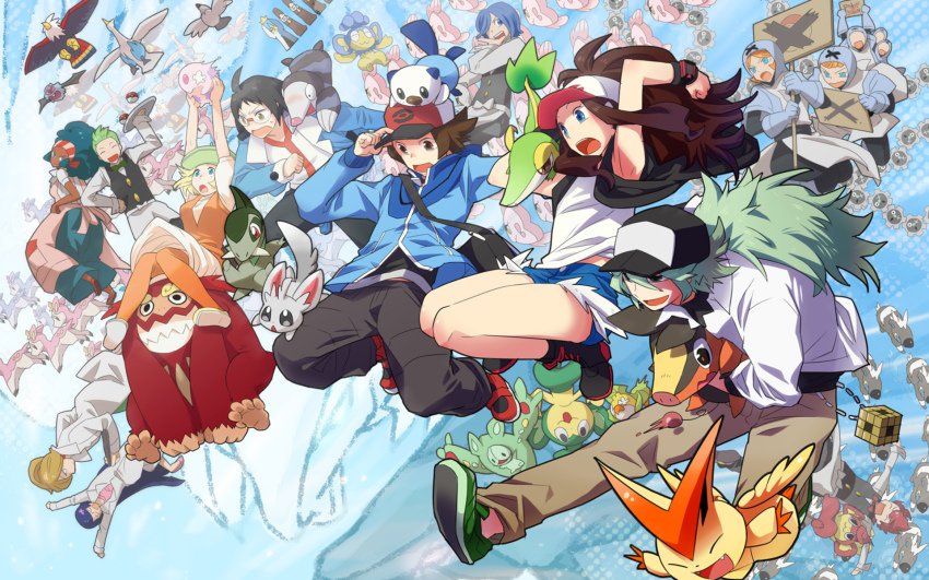 10s, aldith_(pokemon), alomomola, professor_juniper, axew, baseball_cap, bianca_(pokemon), blitzle, brad_(pokemon), braviary, cck_(ops), character_request, cheren_(pokemon), chili_(pokemon), cilan_(pokemon), cress_(pokemon), dark_skin, darmanitan, deerling, drilbur, everyone, fennel_(pokemon), gen_5_pokemon, hat, highres, hilbert_(pokemon), hilda_(pokemon), klink, legendary_pokemon, lenora_(pokemon), minccino, munna, mythical_pokemon, n_(pokemon), nintendo, oshawott, panpour, pansage, pansear, pidove, poke_ball, pokemon, pokemon_(creature), pokemon_black_and_white, reshiram, reuniclus, sewaddle, snivy, surcoat, swanna, team_plasma, tepig, victini, woobat, zekrom