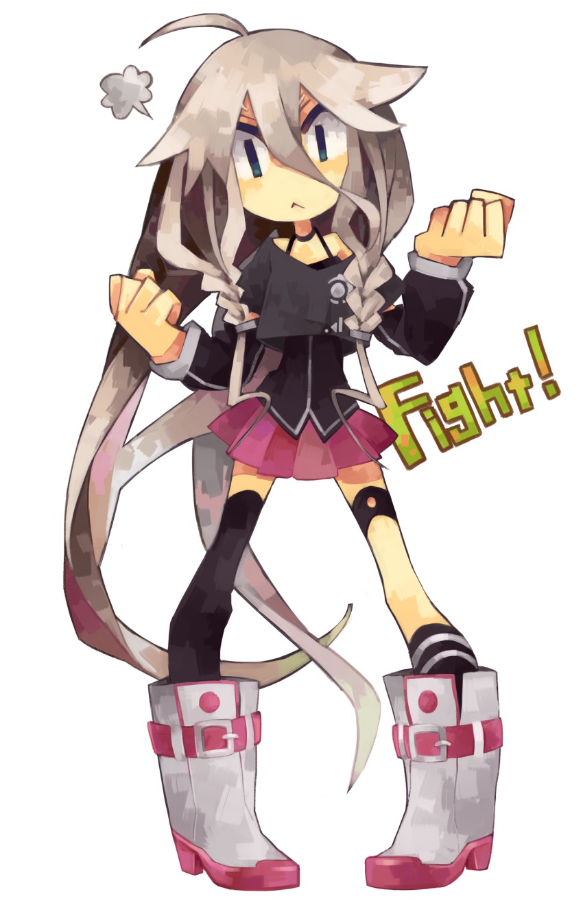 1girl, :<, ahoge, asymmetrical_legwear, bad_id, bad_pixiv_id, boots, braid