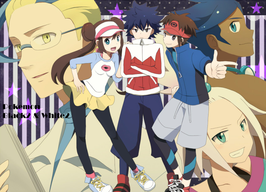 10s, 2girls, 4boys, blue_eyes, blue_hair, brown_eyes, brown_hair, colress_(pokemon)