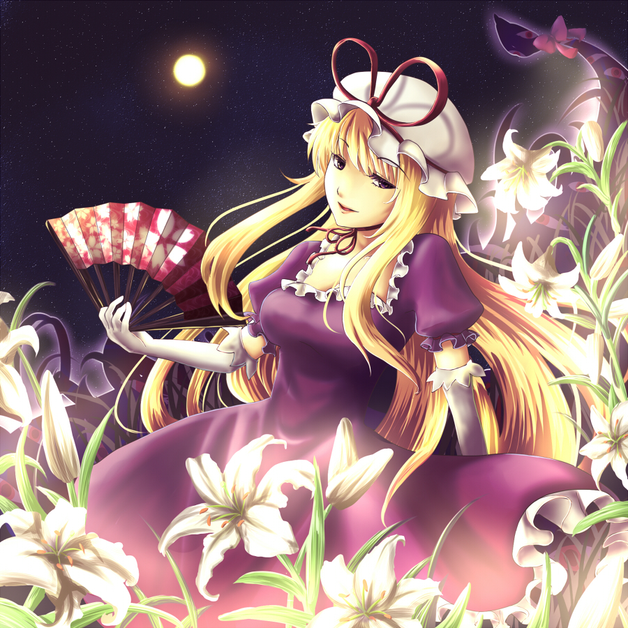 1girl, blonde_hair, breasts, dress, elbow_gloves, female_focus, flower, folding_fan