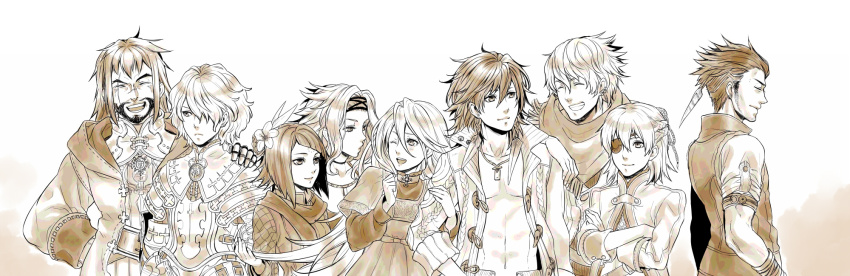 3girls, 6+boys, aq_interactive, armor, beard, coat, crossed_arms, earrings, elza_(the_last_story), eyepatch, closed_eyes, facial_hair, general_trista_(the_last_story), grin, hair_ornament, hair_over_one_eye, highres, jackal_(the_last_story), jewelry, kanan_(the_last_story), long_hair, long_image, manamia, manamia_(the_last_story), mistwalker, monochrome, multiple_boys, multiple_girls, nintendo, open_clothes, open_shirt, quark_(the_last_story), scarf, seiren_(the_last_story), shirt, smile, the_last_story, tasha_(the_last_story), wide_image, wince, yuris_(the_last_story)