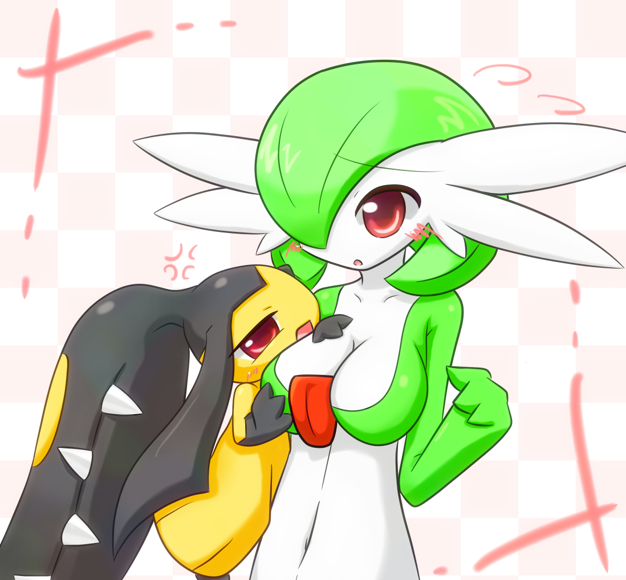 angry, blush, breast_envy, fangs, gardevoir, gen_3_pokemon, grabbing_another's_breast, green_hair
