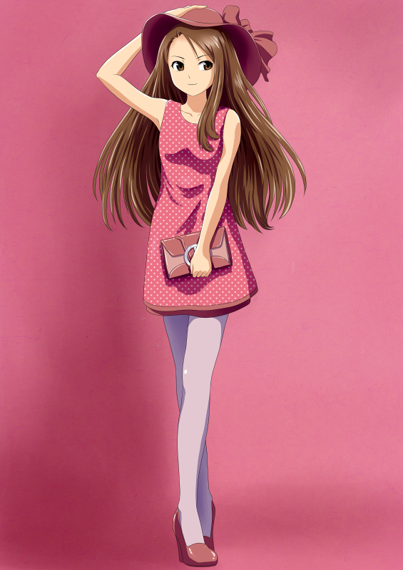 1girl, alternate_hairstyle, brown_eyes, brown_hair, dress, fashion, female_focus, hairband