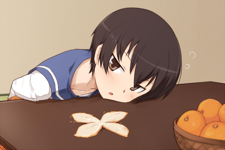 1girl, blush, brown_eyes, brown_hair, female_focus, food, fruit, kotatsu