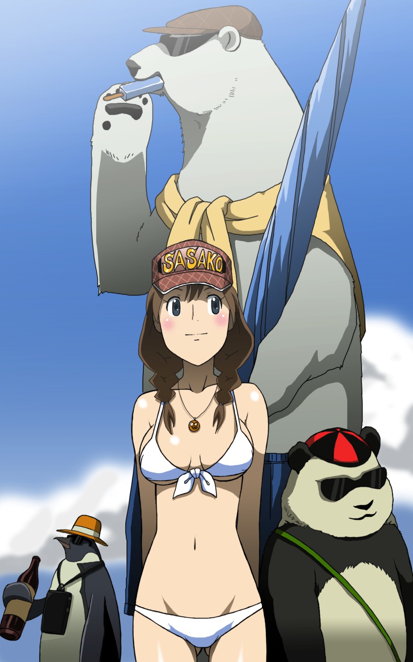 1girl, arms_behind_back, beach_umbrella, bear, bikini, bird, blue_eyes, bottle, braid, brown_hair, cloud, day, food, groin, hat, highres, jewelry, navel, necklace, panda, panda_(shirokuma_cafe), penguin, penguin_(shirokuma_cafe), polar_bear, popsicle, sasako_(shirokuma_cafe), scarf, shirokuma_(shirokuma_cafe), shirokuma_cafe, sky, sunglasses, swimsuit, takaya_n, twin_braids, umbrella, white_bikini