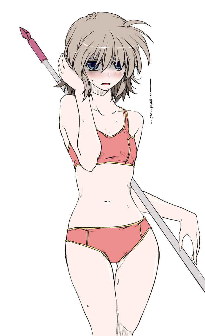 1girl, aged_up, blue_eyes, blush, bra, brown_hair, elf_(stroll_in_the_woods), female_focus, flat_chest, hmx99_elf, luciferion, lyrical_nanoha, mahou_shoujo_lyrical_nanoha, mahou_shoujo_lyrical_nanoha_a's, mahou_shoujo_lyrical_nanoha_a's_portable:_the_battle_of_aces, panties, red_bra, red_panties, shy, solo, sports_bra, stern_the_destructor, stomach, underwear, underwear_only