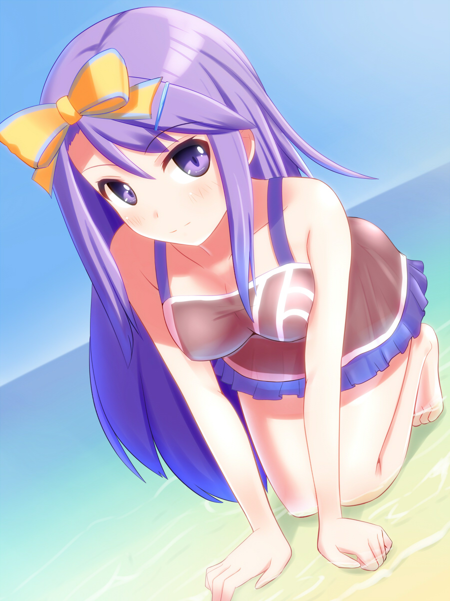 1girl, arm_support, barefoot, battlegaregga, bow, dutch_angle, female_focus, hair_bow, harvest_moon, highres, kneeling, purple_eyes, purple_hair, rune_factory, rune_factory_3, sofia_jalapeno_viviage, solo, sophia_(rune_factory), water