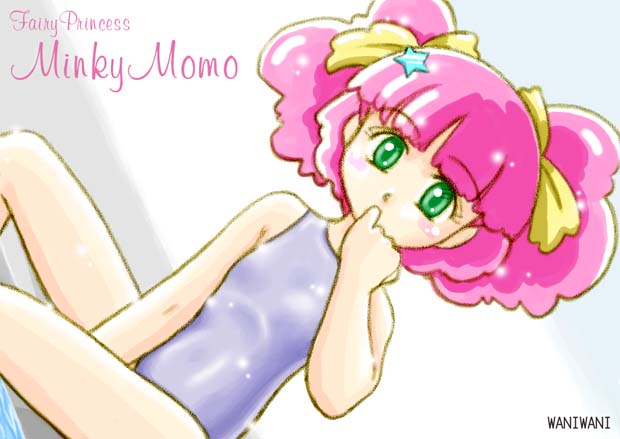 blush, child, green_eyes, magical_girl, mahou_no_princess_minky_momo, minky_momo, one-piece_swimsuit, pink_hair