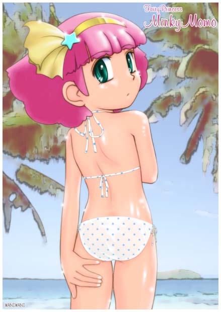 1girl, beach, bikini, child, green_eyes, magical_girl, mahou_no_princess_minky_momo, minky_momo
