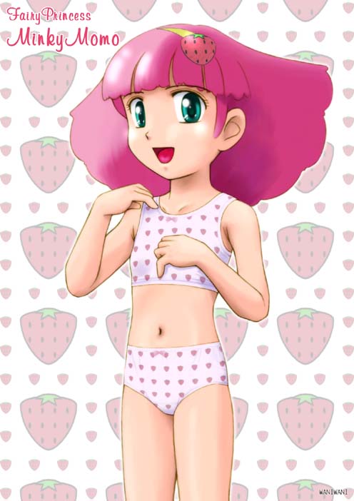 1girl, bra, child, female_focus, food, fruit, green_eyes, magical_girl