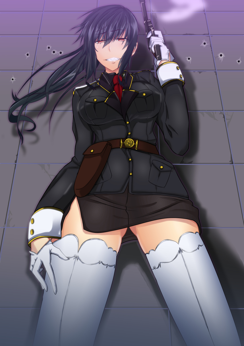 1_(kawaseha), 1girl, absurdres, belt, black_hair, breasts, female_focus, gloves