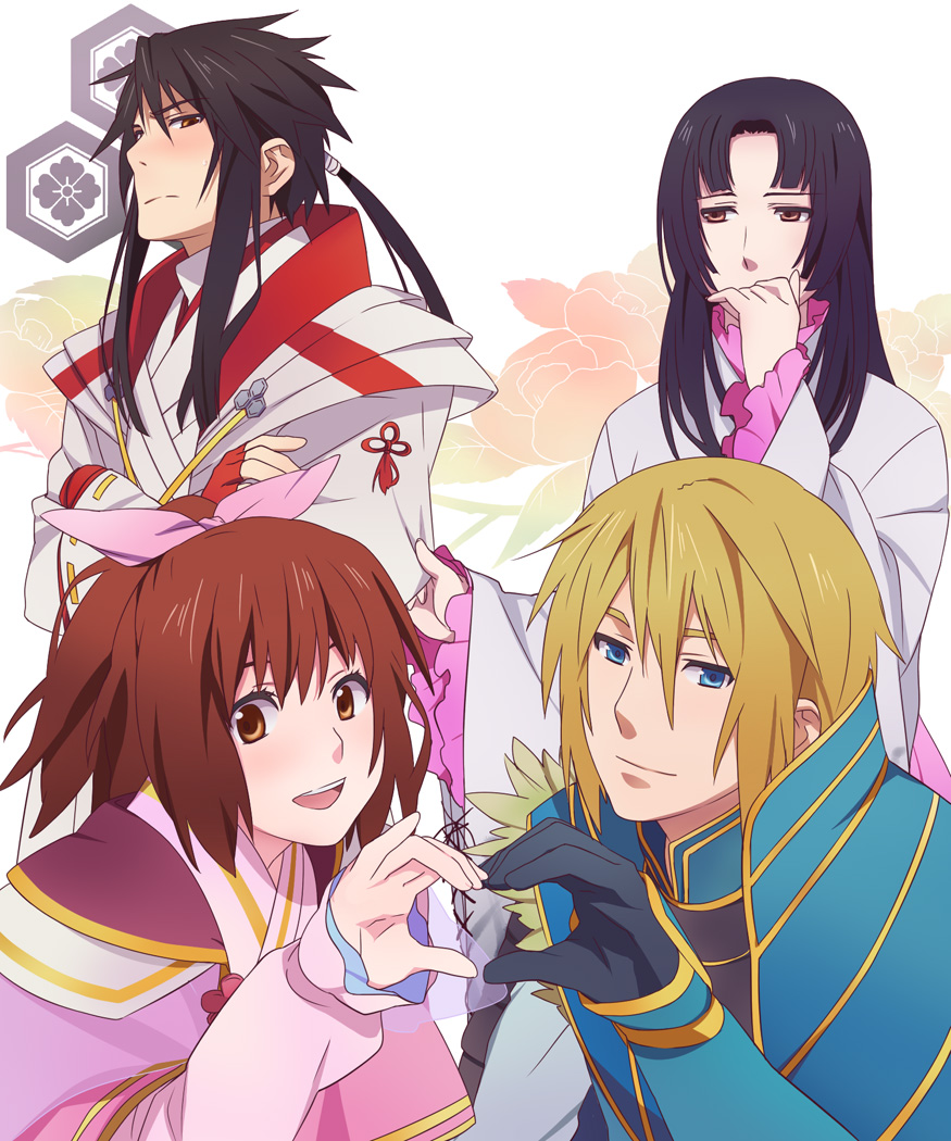 2boys, 2girls, alternate_costume, armor, azai_nagamasa_(sengoku_basara), azai_nagamasa_(sengoku_musou), black_hair, blonde_hair, blunt_bangs, blush, brown_eyes, brown_hair, clothes_grab, couple, crossover, dual_persona, heart, heart_hands, heart_hands_duo, long_hair, multiple_boys, multiple_girls, name_connection, missing_headwear, oichi_(sengoku_basara), oichi_(sengoku_musou), open_mouth, ponytail, satowo, sengoku_basara, sengoku_musou, sidelocks, grabbing_another's_sleeve, smile, symmetrical_hand_pose, tsundere