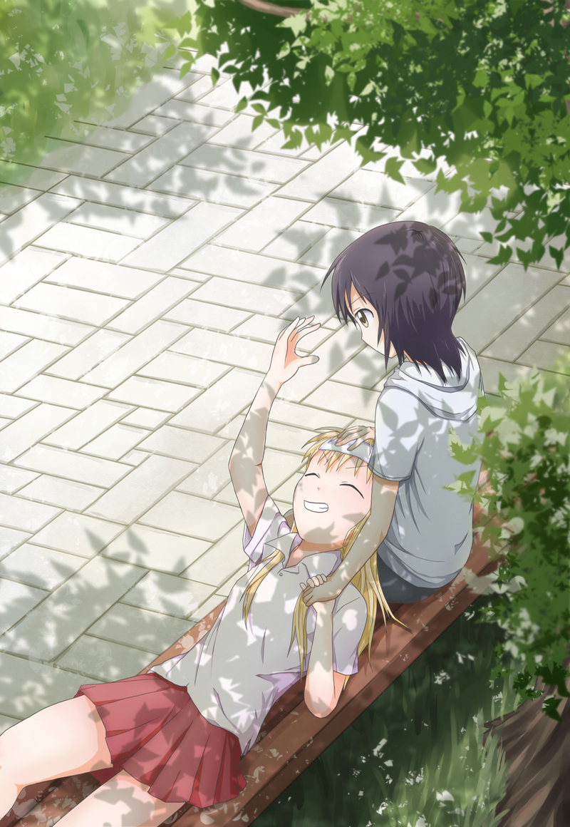 >:), >_<, 2girls, bench, black_hair, blonde_hair, casual, closed_eyes, funami_yui, grin, gva200507, holding_hands, hood, hoodie, lap_pillow, multiple_girls, outdoors, shadow, skirt, smile, teeth, toshinou_kyouko, tree, v-shaped_eyebrows, yuruyuri